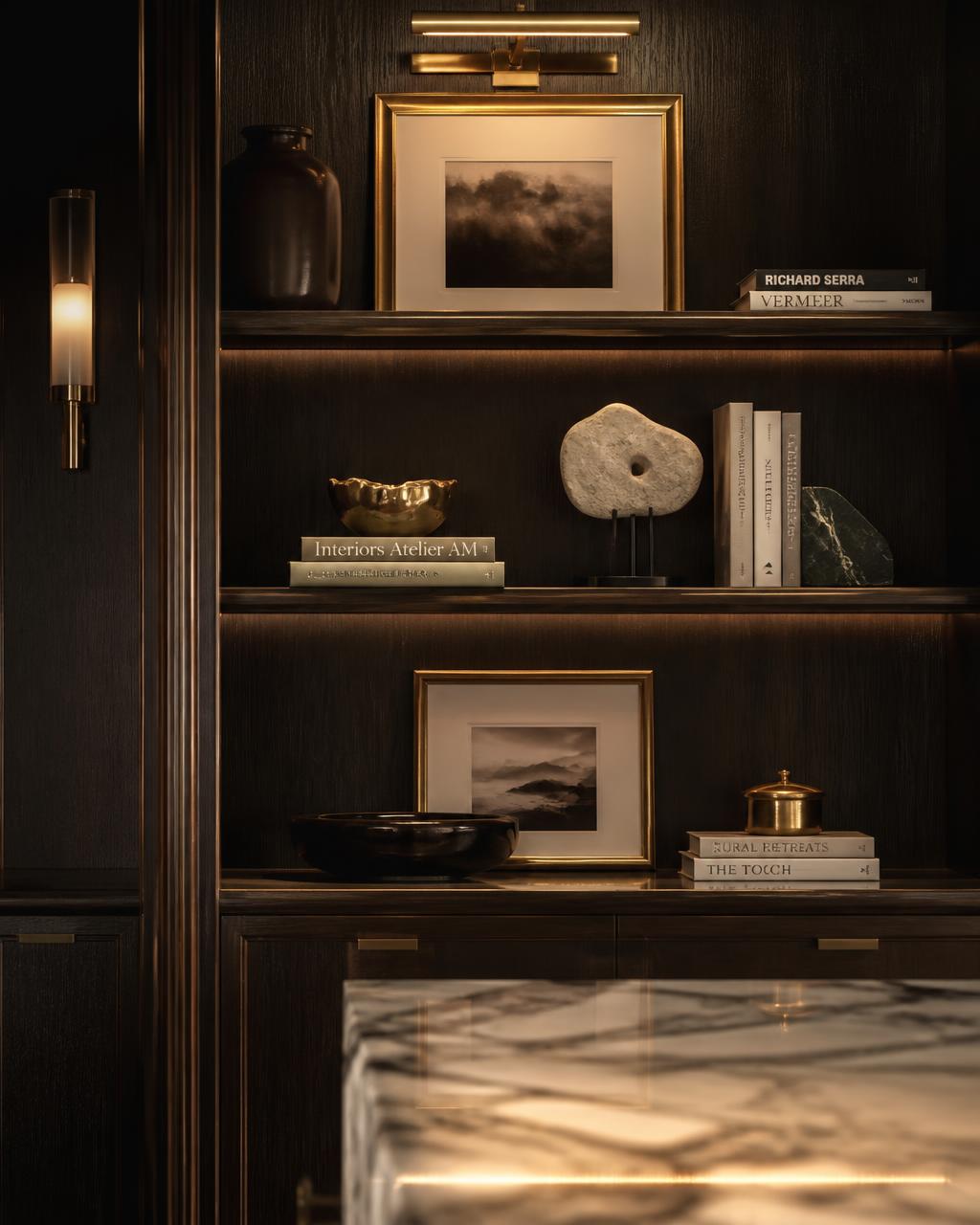 Detalhe de estante iluminada com objetos de design e acentos em dourado