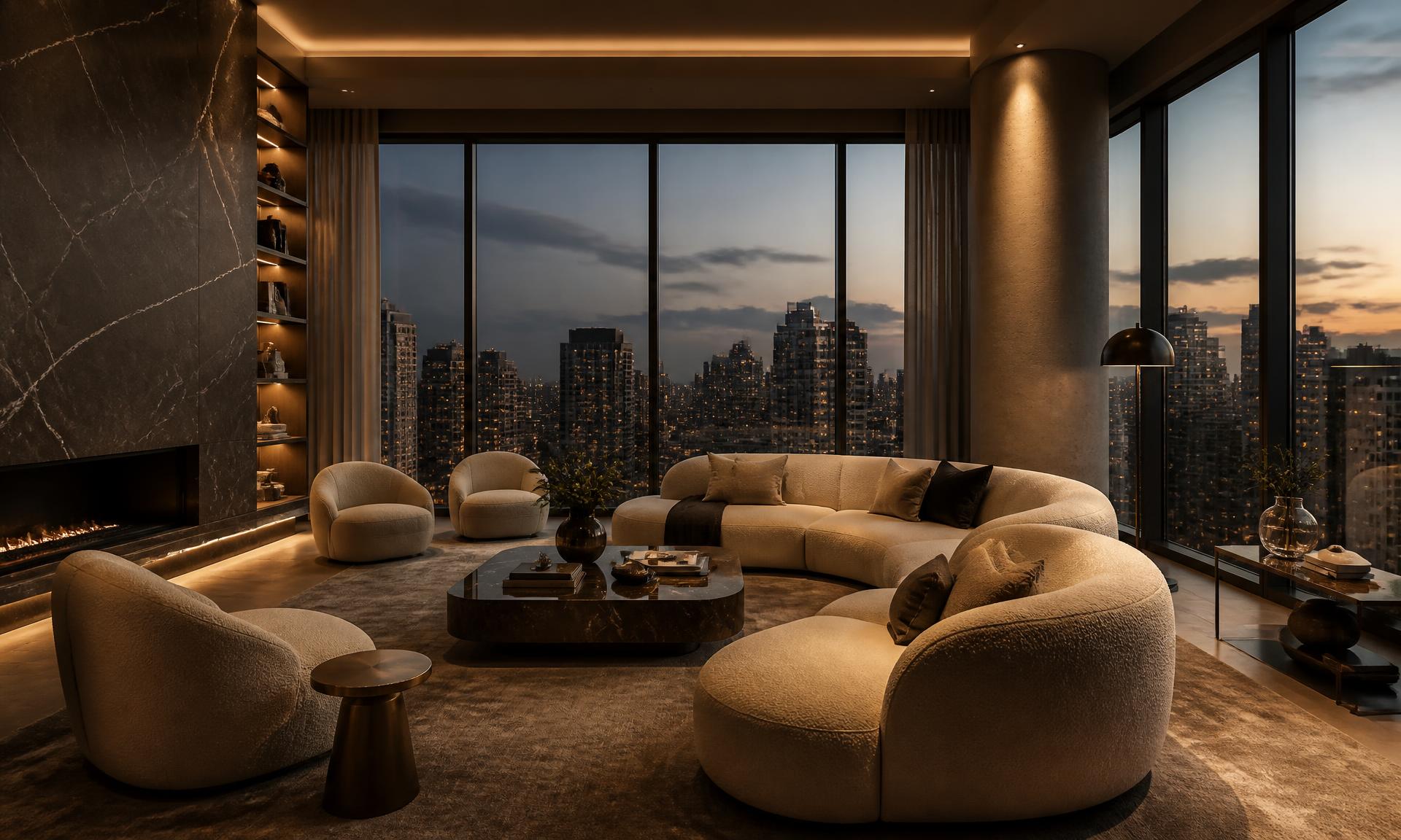 Living de apartamento de alto padrão com vista para São Paulo ao entardecer